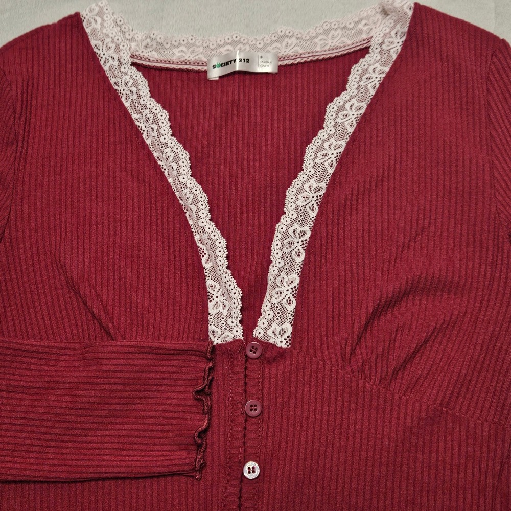 Society 212 Ribbed Top Womens Small Burgundy Lace Trim Y2K Fairycore Coquette